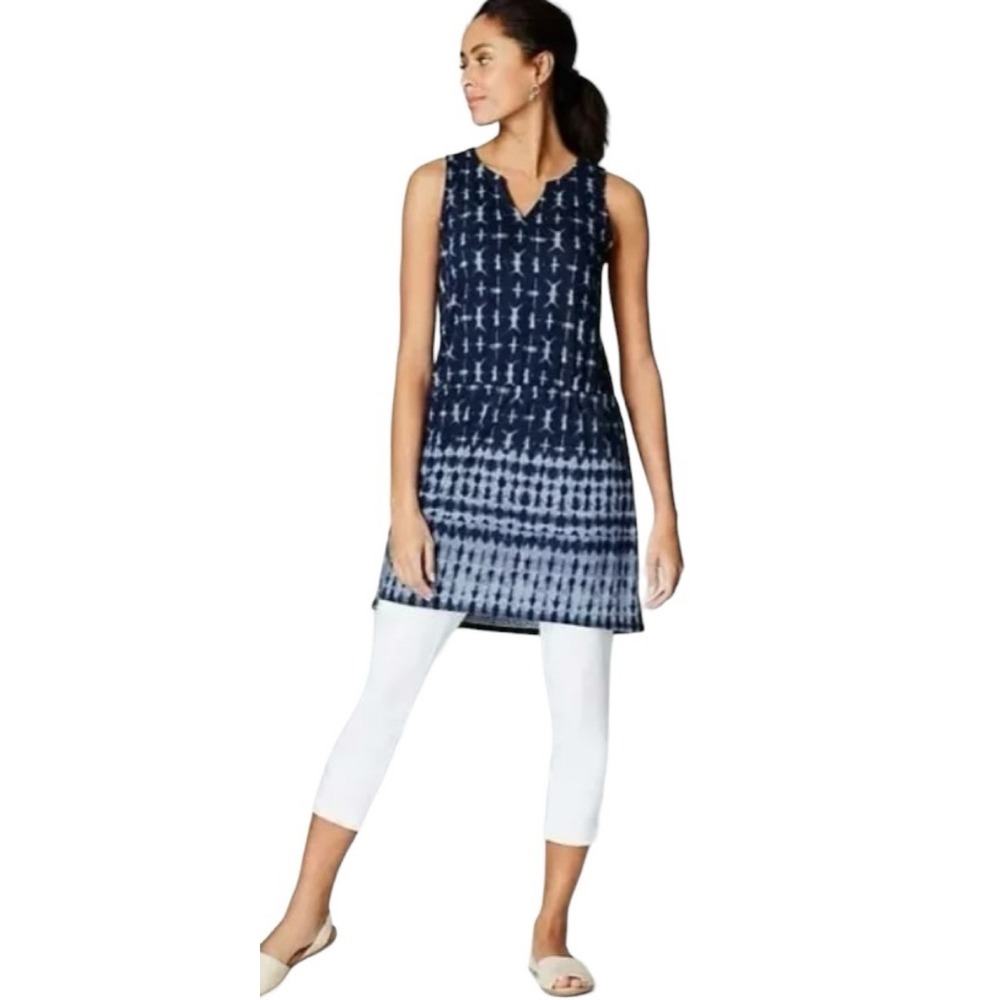Pure Jill Tie Dye Sleeveless V Neck Tunic Dress Top‎ Drawstring Waist Blue XL